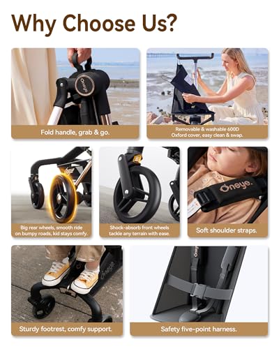 Oneye Travel Stroller for Airplane, Ultra Lightweight Baby Stroller for Toddlers with Canopy, Foldable & Compact Strollers with Jumbo Seat & Large Storage Basket,10.19lb,Stable & One-Hand Fold, Black
