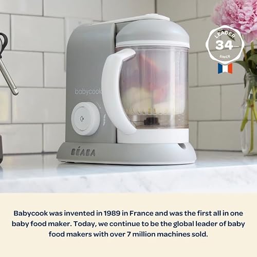 BEABA Babycook Solo 4 in 1 Baby Food Maker, Puree Steamer and Blender for Purees, Grinder with Auto Steam Cooking, Lrg Capacity 1,100 mL/ 37 oz, 27 Servings in 20 Mins, (Charcoal)