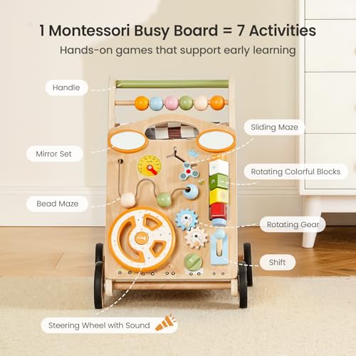 GROWNSY Wooden Baby Walker with Wheels, 3-in-1 Sit-to-Stand Baby Walker with Adjustable Speed, Montessori Push Walker with 7-in-1 Removable Activity Panel, First Birthday Gifts for Boys & Girls
