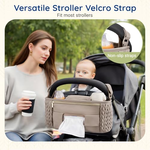 mommore Stroller Organizer with Insulated Cup Holders, Adjustable Stroller Caddy with Detachable Phone Bag, Stroller Accessories Fits for Uppababy, Doona, Jogger, Britax(Light Cafe)