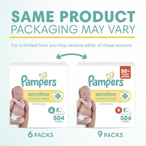 Pampers Sensitive Baby Wipes, Clinically Proven, Fragrance Free, Unscented, Water Based, Hypoallergenic, Multi-Use, Hand Wipes 504 Wipes Total (6X Flip-Top Packs) [Packaging May Vary]