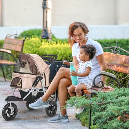 Critter Sitters 3-Wheel Jogging Dog Stroller with Storage Basket and Cup Holders, Modern and Stylish Pet Stroller for Medium to Large Pets up to 55 Pounds, Tan