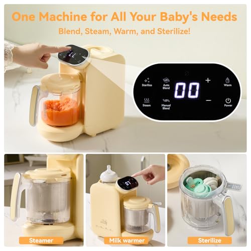 Chefhandy Baby Food Maker, Steamer & Blender with Stainless Steel Basket, Puree Maker with Auto/Manual Blend, Bottle Warmer & Sterili-zer, Safe & Easy-to-Clean Compact Baby Food Processor (Yellow)