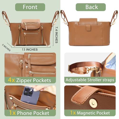 miss fong Universal Stroller Organizer with Insulated Cup Holder Stroller Caddy Baby Storage Bag with Adjustable Strap, Fits for Baby Carriage like Uppababy, Baby Jogger, Britax, Umbrella-Brown