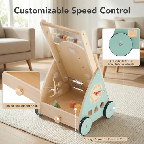 DUMOS Wooden Baby Push Walker, Montessori Activity Toys with Adjustable Speed for 1 Year Old, Silent Rubber Wheels, Wood