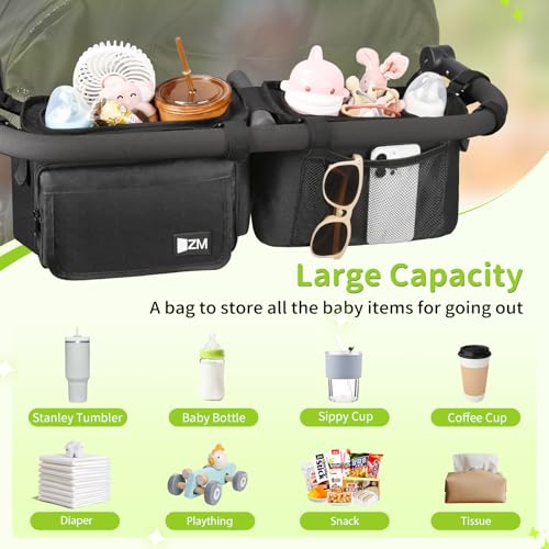 ZZM Double Stroller Organizer with 2 Cooler Pockets,Compatible for Bob Duallie, Jeep and Baby Jogger City Mini GT2, Double Baby Stroller Accessories, Parent Console Double Jogging Stroller Organizer