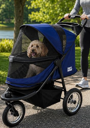 Pet Gear No-Zip Jogger Pet Stroller for Cats/Dogs, Zipperless Entry, Airless Tires, Easy One-Hand Fold, Cup Holder + Storage Basket, Sapphire