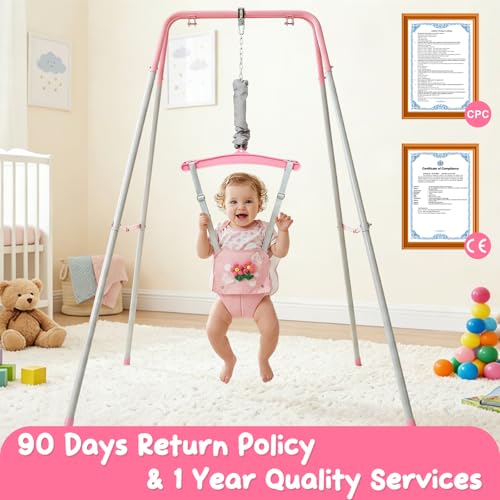 FUNLIO Baby Jumper with Stand for 6-24 Months, Infant Jumper for Indoor/Outdoor Play, Toddler Jumper for Baby Girl/Boy, with Adjustable Chain, Easy to Assemble & Store (with Stand) - Pink Butterfly