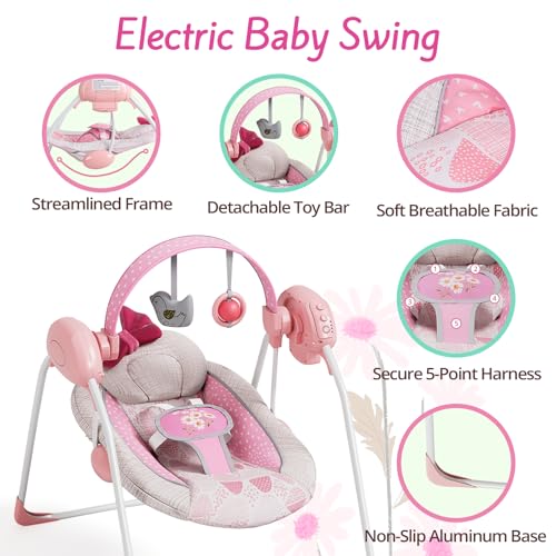 Portable Baby Swing, Pink Electric Infant Swing with 5 Speed Levels, 6 Songs & Timer – Battery-Powered Only (No Batteries Included) Pink and White