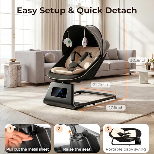 Pamo Babe Portable Baby Swing - Electric Baby Rocker with Cry Detection, 5 Swing Speeds, Bluetooth & Remote Control, Adjustable Backrest, Indoor & Outdoor Swing Chair for Newborn Babies - Black