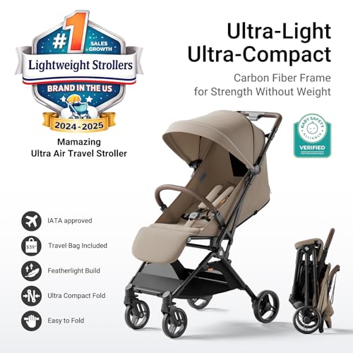 MAMAZING Ultra Air Lightweight Baby Travel Stroller with Carbon Fiber Frame, Compact & Airplane-Friendly, One-Handed Fold, 11.6 lbs, Perfect for Toddlers, Simply Taupe
