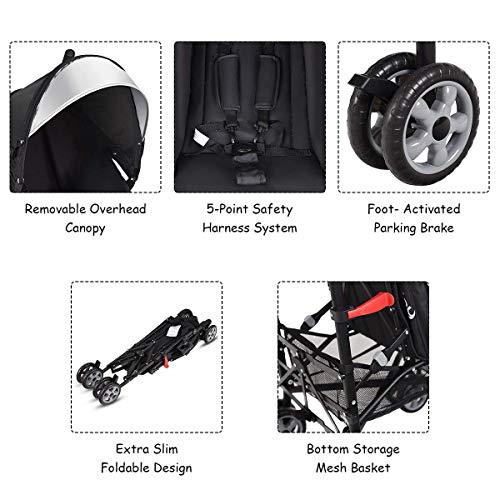 HONEY JOY Baby Lightweight Stroller, Compact Travel Stroller for Airplane, Adjustable Backrest & Canopy, 5-Point Harness, Cup Holder, Storage Basket, Foldable Umbrella Stroller for Toddlers (Black)