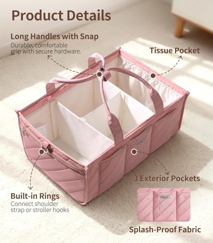 VKSAO Extra Large Diaper Caddy Organizer – Big Nursery Storage Basket with Zipper Pocket, Shoulder Strap & Stroller Hooks, Water-Resistant Travel Tote for Twins, Gift for Baby Shower, Blush Pink