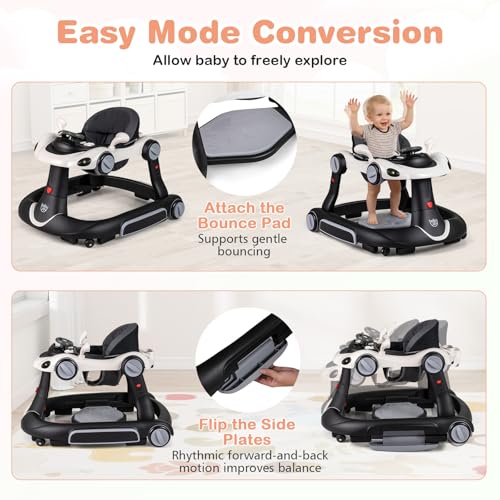 BABY JOY 7-in-1 Baby Walker, Foldable Baby Walker and Bouncer Combo with Handle, Adjustable Height & Speed, Music, Lights, Rocker/Push Mode, Baby Walker with Wheels for Boys Girls 7-18 Months (White)