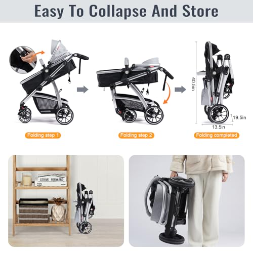Hagaday Baby Stroller, 2-in-1 Reversible Toddler Seat with Basket Mode, Foldable Infant Stroller with Canopy, One Button Brake, Adjustable Handle, Newborn Pushchair (Gray)