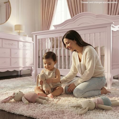 Evolur Aurora 5-in-1 Convertible Full-Size Baby Crib in Dusty Rose, 3 Mattress Heights, Ribbon Bow Scrollwork & Queen Anne Feet, Converts to Toddler, Day & Full-Size Bed