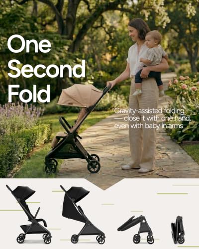 Mompush Nexis Carbon Travel Stroller, Ultra-Lightweight 11.5 lbs, Compact & Airplane Carry-On Approved, One-Second Auto-Fold, One-Hand Full Recline, from Birth to 50 lbs, JPMA Certified, Black