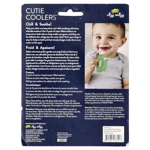 Itzy Ritzy Water-Filled Teethers - Cold Cutie Coolers Textured On Both Sides to Massage Sore Gums & Emerging Teeth - Can Be Chilled in Refrigerator, Set of 3 Green Cactus Water Teethers