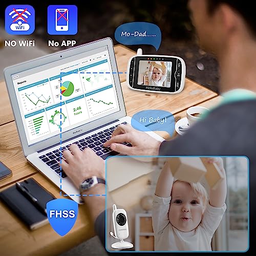 HelloBaby Video Baby Monitor with Camera and Audio, 3.2Inch LCD Display, Infrared Night Vision, Two-Way Audio and Room Temperature Monitoring,Lullaby,Sound Activated Screen