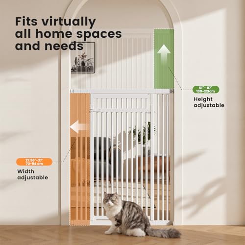 Gardner Pet 51"-87" Extra Tall Cat Gate for Doorway, Wide Adjustable 27.56"-37" Baby Gate Included 4 Extension Kits, Pressure Mounted Safety Full Door Gate for Stairs, Studio, Kitchen (White)