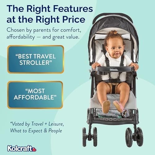 Kolcraft Cloud Plus Lightweight Umbrella Stroller for Toddlers with Reclining Seat, Large Storage Basket, Canopy, Infant & Parent Trays, Compact Fold for Summer Travel, Durable Frame, Slate Gray