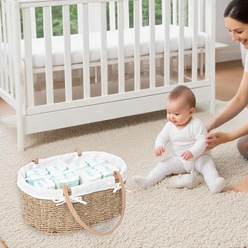 QINGTUHOME Handwoven Wicker Diaper Caddy Organizer, Multi - functional Baby Diaper Bag for Nursery & Home Storage, Detachable Lining, PU Handles, Baby Registry Must Haves (Seagrass)
