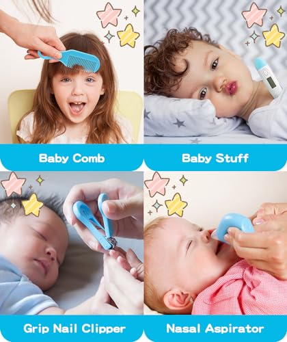 Baby Grooming and Healthcare Kit, Portable Baby Safety Care Set with Hair Brush Comb Nail Clipper Nasal Aspirator for Nursery Newborn Infant Girl Boy (25 in 1 Blue)
