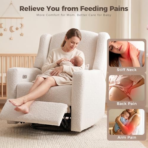 Madaha Power Recliner Chair Swivel Gilder Rocking Chairs Skin-Friendly Power Recliner Nursery Chair for Adults with Waist Pillow, USB Charging (Beige, Only Recliner Chair)