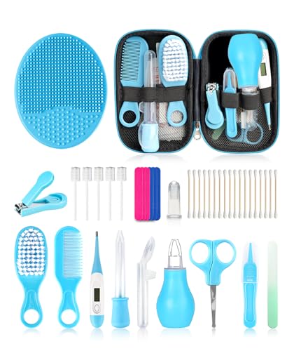 Baby Grooming and Healthcare Kit, Portable Baby Safety Care Set with Hair Brush Comb Nail Clipper Nasal Aspirator for Nursery Newborn Infant Girl Boy (25 in 1 Blue)