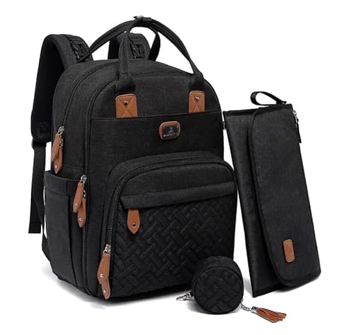 Dikaslon Diaper Bag Backpack with Portable Changing Pad, Pacifier Case and Stroller Straps, Large Unisex Baby Bags for Boys Girls, Multipurpose Travel Back Pack Moms Dads, Black