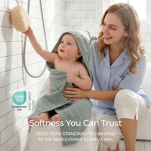 Momcozy Baby Towels, 6-Layer 100% Cotton Muslin Hooded Baby Towel Set for Newborn, Infant & Toddler, Soft Absorbent Baby Bath Essentials, Large 32 x 32 Inch