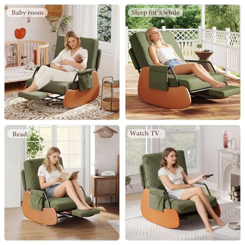 Furniliving Modern Glider Rocking Chair, Upholstered Nursery Glider Chair with Adjustable Recline & Retractable Footrest, Comfortable Lounge Chair for Mom Nursery Living Room Bedroom (Green)