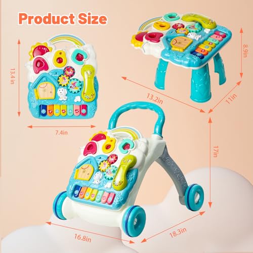 Sit to Stand Baby Walker, Activity Center with Music and Light, Activity Table for Toddlers, Push Toys for Babies Learning to Walk, Early Education Toys for Infant Boys Girls 6 Months Up (Blue)
