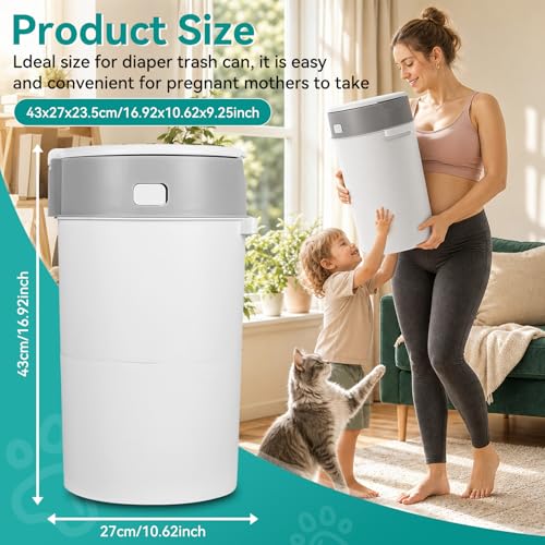 13L Odor Lock Diaper Pail, Baby Diaper Bin with Double Odor Lock & 177 in Refill Bag Roll & Sealed Lid, Compact Nursery Trash Can Portable Diaper Disposal Pail for Baby Room Home Travel (Grey)
