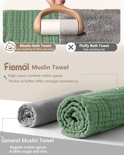 FIEMOL Baby Bath Towels, 100% Muslin Cotton Hooded Baby Towels for Newborn, 2 Pack Baby Towels with Hood for Infant Toddler and Kids, Large 32x32Inch Unisex Bath Essentials, Soft and Absorbent
