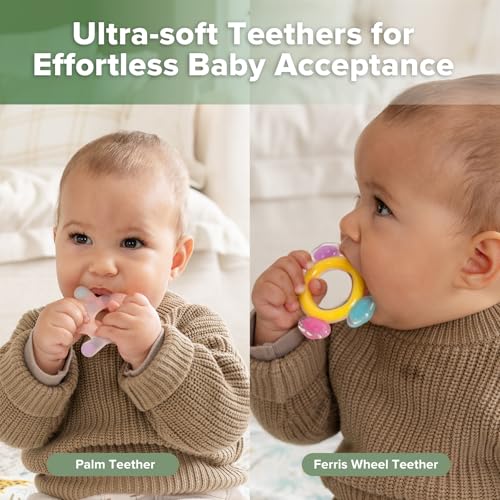 Haakaa Silicone Teether Combo, Baby Freezer Teething Toys for Sore Gums, Easy-Grip Sensory Teethers for 3M+ Babies, Palm & Ferris Wheel Shapes, BPA Free, 2 Pack