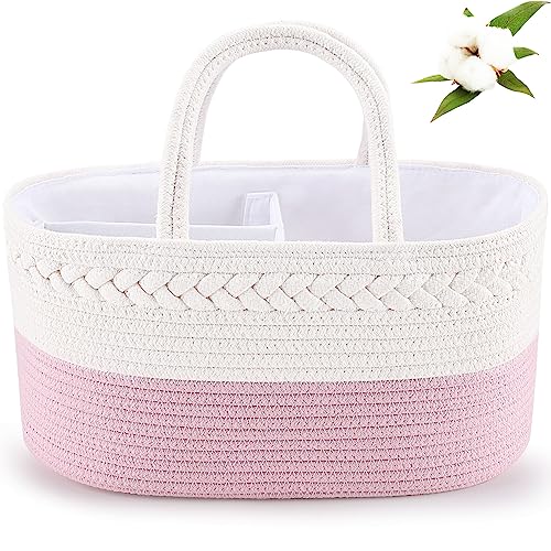 ABenkle Diaper Caddy Organizer, Cotton Rope Nursery Storage Basket Pink