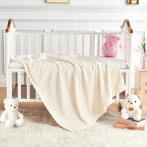 Eonkasp Soft Fleece Baby Blanket Ultra Cozy Baby Blankets for Boys Girls Warm and Lightweight Infant Toddler Newborn Receiving Gift with Reversible Stripes for Crib Stroller, 30x40 Inch, Cream