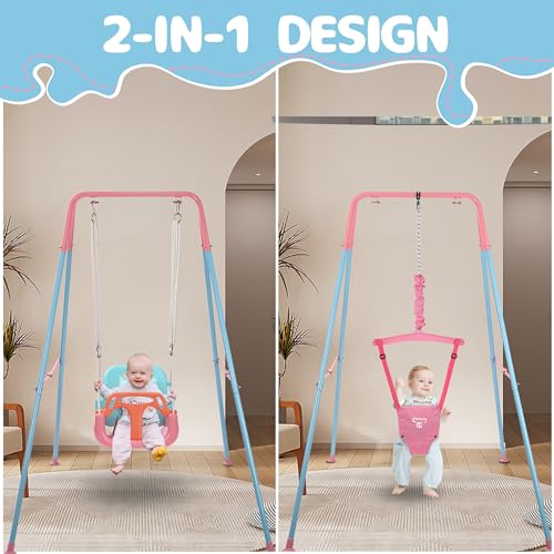 2 in 1 Toddler Swing ＆ Jumper, Swing Set for Indoor/Outdoor, Baby Jumpers and Bouncers, Easy to Assemble & Store, Suitable for Children 6 Months and Older (Pink)