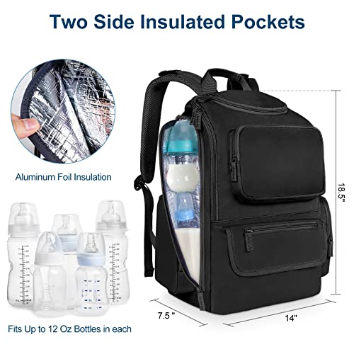 Mancro Diaper Bag Backpack, Multifunctional Dad Diaper Bag with 2 Side Insulated Pockets, Travel Water Resistant Baby Diaper Backpack for Men Women with Stroller Straps, Black