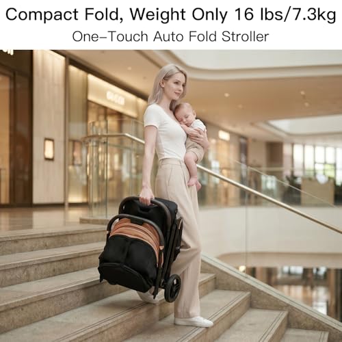 Gromast Gravity Folding Baby Stroller - Portable Travel Toddler Stroller w/Adjustable Backrest, Canopy & Cup Holder, Lightweight and UV Protected, One-Hand Automatic Folding - Khaki