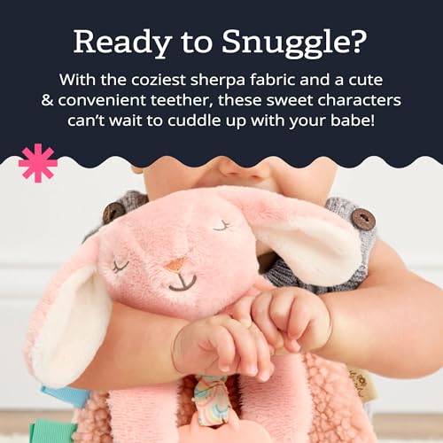 Itzy Ritzy - Itzy Lovey Including Teether - Baby Lovey with Teether, Textured Ribbons & Dangle Arms - Features Crinkle Sound, Sherpa Fabric and Minky Plush (Pink Bunny)