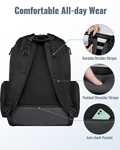 Mancro Diaper Bag Backpack, Multifunctional Dad Diaper Bag with 2 Side Insulated Pockets, Travel Water Resistant Baby Diaper Backpack for Men Women with Stroller Straps, Black
