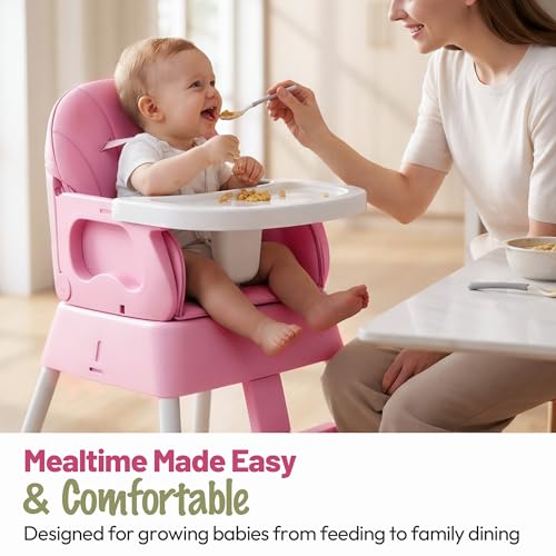 5 in 1 Foldable Baby High Chair,Convertible Highchair for Babies and Toddlers-Portable Infant Booster Seat,Foldable Dining Chair,Toddler High Chair with 5-Point Harness,Removable Tray (Pink)