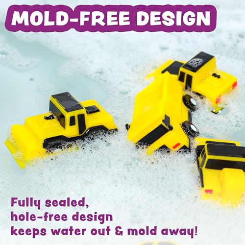 Tub Works® Construction™ Trucks Mold Free Bath Toys, 6 Pack | Sealed, No Hole Bath Toys Design Keeps Moisture Out | Soft, Squeezable & Float on Water | Baby & Toddler Bathtub Toys | Baby Pool Play