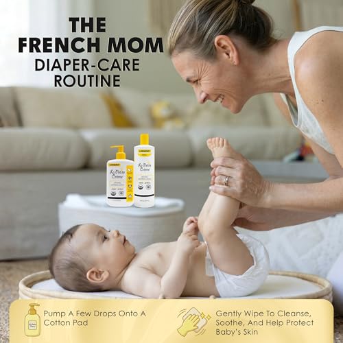 La Petite Creme French Premium Diapering Lotion - Diaper Cream Alternative to Baby Wipes - Moisturizer & Skin Cleanser - USDA Certified Organic Ingredients - Baby Essentials (2 Bottles of 20 oz)