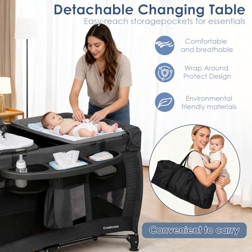 Cradlecare 5 in 1 Pack and Play with Bassinet & Changing Table, Portable Foldable Playpen for Babies and Toddlers with Locking Wheels & Diaper Storage, Easy Fold Travel Playard (Black)