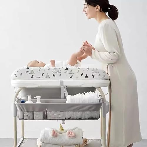 PandaEar 2-in-1 Baby Bathtub & Changing Table, Adjustable Height Folding Diaper Station Waterproof Pad with Storage Rack & Wheels, Baby Bath Tub with Thermometer
