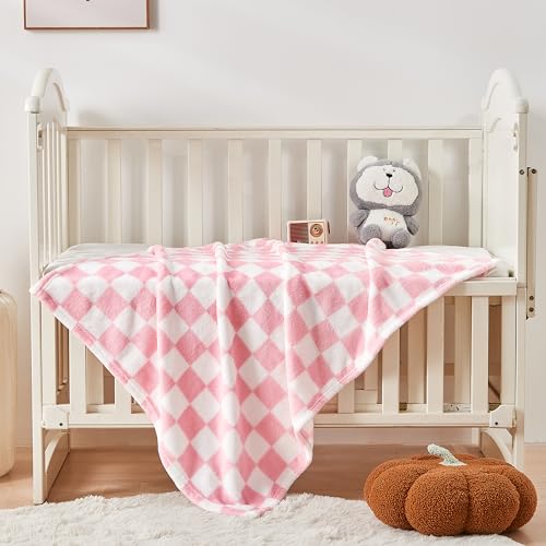 Yurhap Checkered Baby Blanket for Girls Pink Fleece Baby Blankets for Girls Boys, Warmer Comfort Lightweight Bed Blanket for Toddlers Infants or Newborn, 30''x40'', Pink