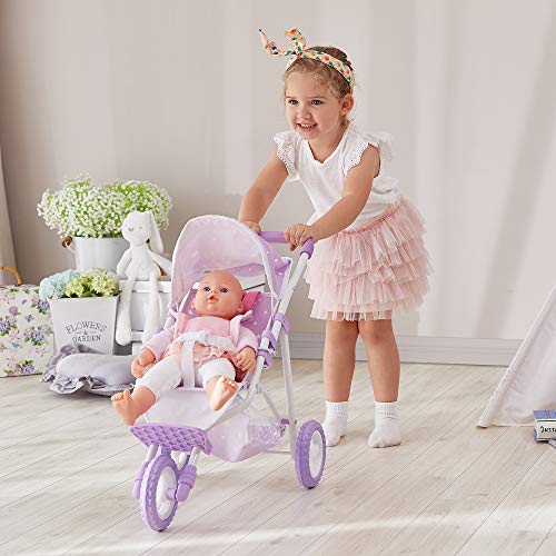 Olivia's Little World Baby Doll Jogging-Style Stroller with Canopy, Seatbelt and Storage Space, Purple and White